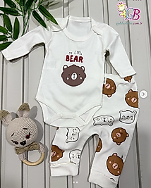Bear baskılı ribanalı kumaş ikili bebek takım
