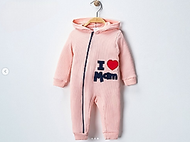I love mom baskılı fitilli kapüşonlu kız bebek tulum