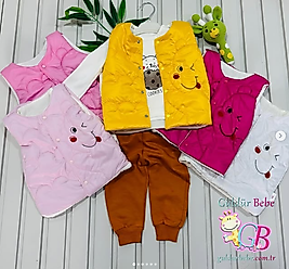 Gülen ayıcık nakışlı yelekli 3’lü bebek takım