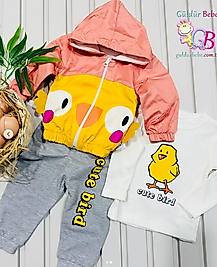 İbik aksesuarlı civciv baskılı mevsimlik 3’lü bebek takım