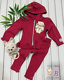 Ribana kumaş ayıcık aksesuarlı kapüşonlu ikili kız bebek takım