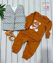 Bereli oturan ayıcık nakışlı şişme yelekli 3’lü bebek takım