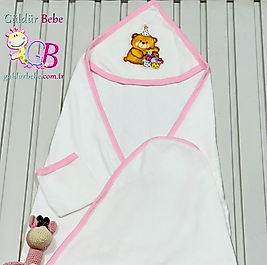 Oturan ayıcık desenli keseli bebek havlu