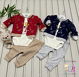 Hırkalı zürafa desenli çıtlı badili 3’lü bebek takım