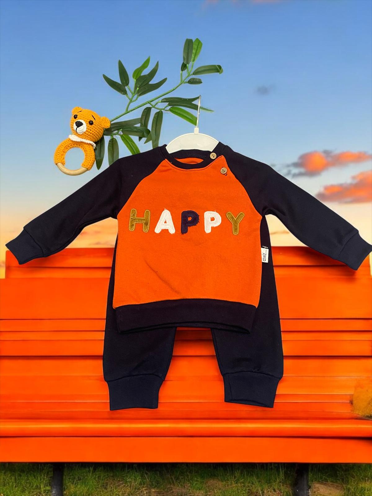 Yakadan düğmeli Happy Yazılı Ünisex ikili Takım