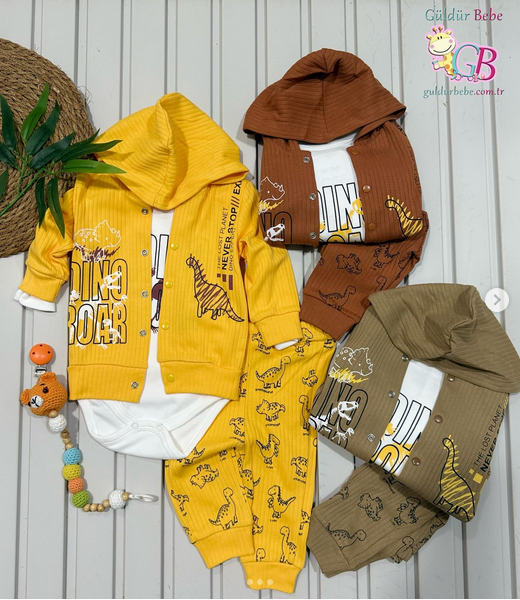 Hırkalı Dinazor Baskılı Erkek Bebek 3’lü takım