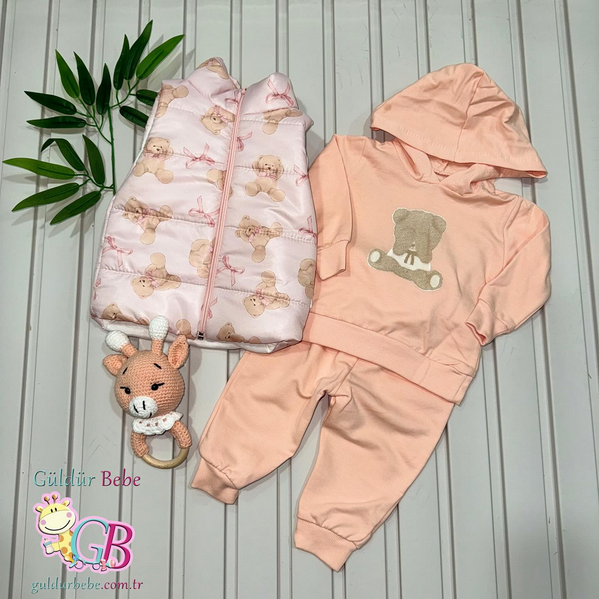 Utangaç ayıcık şişme yelekli kapüşonlu mevsimlik 3’lü bebek takım
