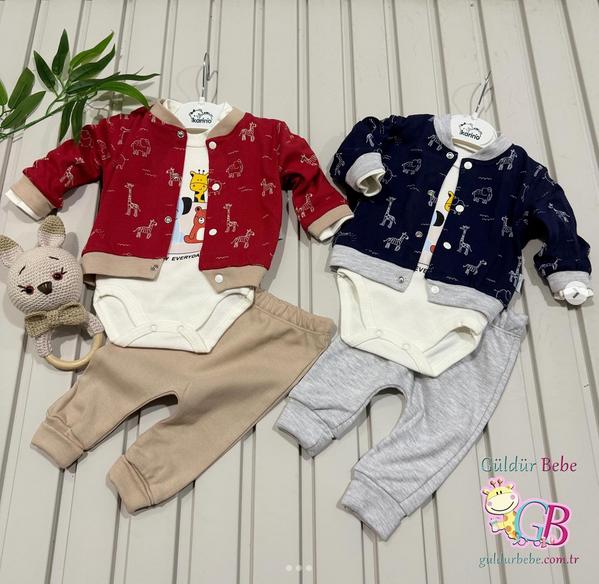 Hırkalı zürafa desenli çıtlı badili 3’lü bebek takım