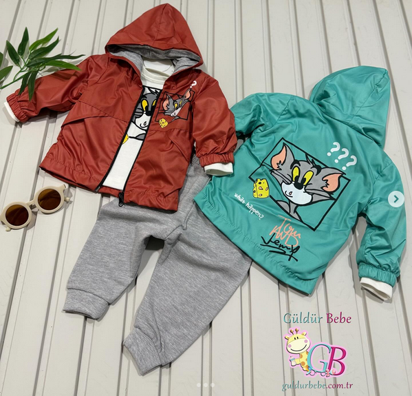 Tom ve Jerry baskılı arkası desenli dört mevsimlik 3’lü bebek takım