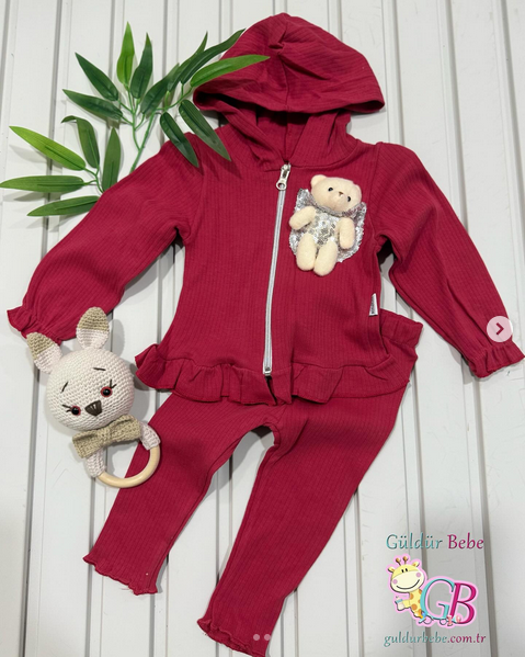 Ribana kumaş ayıcık aksesuarlı kapüşonlu ikili kız bebek takım