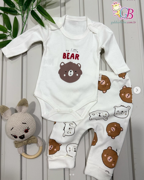Bear baskılı ribanalı kumaş ikili bebek takım
