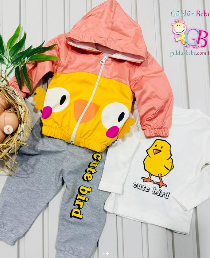 İbik aksesuarlı civciv baskılı mevsimlik 3’lü bebek takım