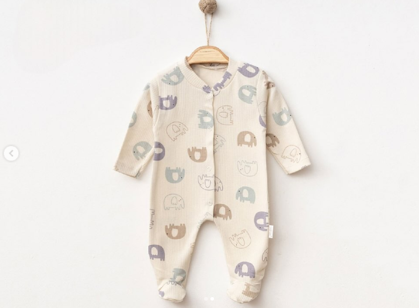 Fil desenli raporlu ayaklı bebek tulum