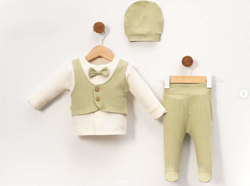 Papyonlu yelekli 3’lü erkek bebek zıbın set