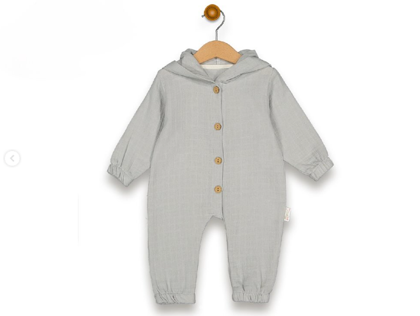 Düğmeli kapşonlu muslin bebek tulum