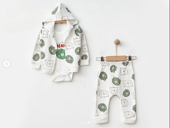 Ayıcık desenli Hırkalı 3’lü bebek takım